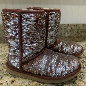 UGG 3353 Classic Short Sparkle Sequin Boots Reversible Gold Bronze Silver US 6